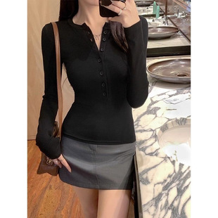 American-style Half-open Collar Shoulder Long-sleeved T-shirt Women's Autumn and Winter 2024 New Style Spice Girls Pure Want Chic Slim-fit Slimming Top