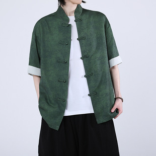 2025 Summer New Arrival Chinese Style Men's Fashion New Chinese Style Short Sleeve Buckle Shirt Embossed Retro Casual Top