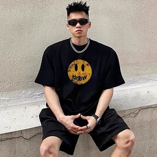 Pure Cotton American Style Retro Smiley Print Short-sleeved T-shirt Loose Old Fashionable Mid-length Simple Casual Top Ins