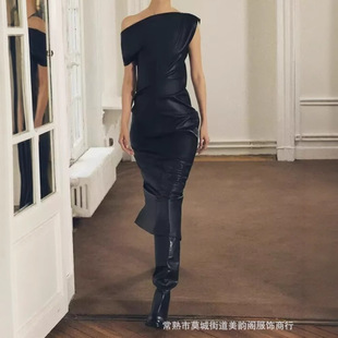 Uc&Za Cross-Border Aliexpress European and American Clothing Sexy Sloping Shoulder Elegant Slim Imitation Leather Drape Dress 9233910