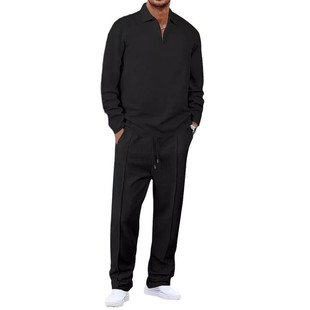 Foreign trade cross-border men's waffle suit long sleeve polo shirt suit fashion casual half zipper lapel solid color suit