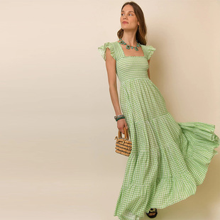 in stock 604 Summer New 2023 Green Plaid Cotton A Retro Square Collar Flying Sleeve Long dress French Style
