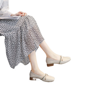 True Soft Leather Shoes Women's Spring and Autumn New Flat Casual Chunky Heel Single-layer Shoes Slip-on Shoes Women's Milk Shoes
