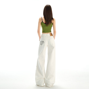 American Retro White Embroidered Pocket Wide-Leg Jeans for Women 2025 New High-Waisted Loose Straight Floor-Length Pants