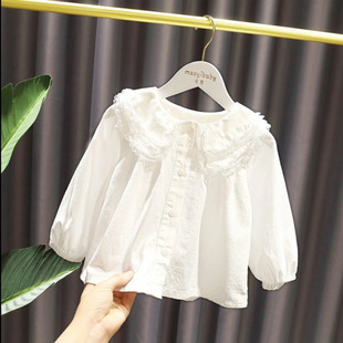 Girls Autumn Shirt 2025 New Small Children Cotton Long Sleeve Shirt Baby Girl Doll Collar White Top Trendy