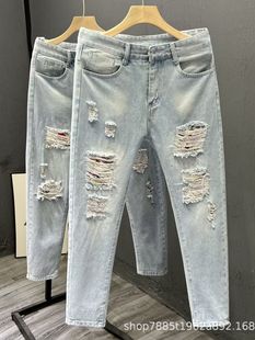 New Arrival Ripped Pants Cropped Men's Jeans Summer Thin Straight Slim-fit Cropped Pants Large Size Ripped Men's Pants