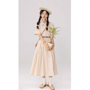French Style Tea Break dress Women's Summer New Style UGC Interview Retro Waist Slimming Shirt Long Skirt