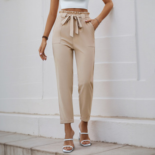Amazon 2025 Summer New European and American Casual Pants Cross-border Solid Color Pleated Lace-up Straight Roll-up Casual Pants