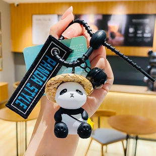 Genuine Creative Cartoon Straw Hat Small Partner Panda Keychain Doll Student Schoolbag Pendant Small Jewelry Small Gift