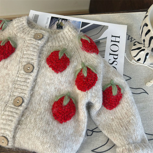 Xian Ning Seven Children's Wear 24 New Autumn Girls' Strawberry Knitted Sweater Cardigan Western Style Stitching Leggings Two-Piece Set