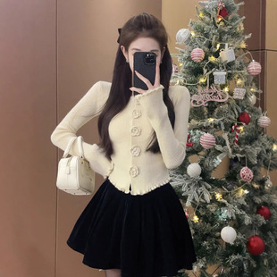 Cross-border New Three-dimensional Rose Flower Christmas New Year Wear Slim-fit Wave Edge Autumn and Winter Women's Sweater Top