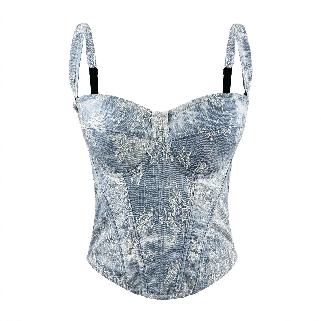 New cross-border retro denim suspender strapless top, sexy, shaping, slimming, embroidered lace, court style, fishtail bra.
