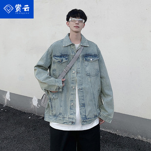 Renyun fashion printed retro Pu handsome casual jacket men's 2023 Autumn New washed distressed Denim jacket