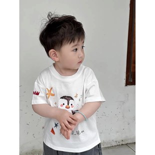 Korean Kidsren's Clothing Summer Kidsren's T-Shirt 2025 New Style Cute Penguin Print Pure Cotton Short-Sleeved Tops for Boys and Girls Trendy