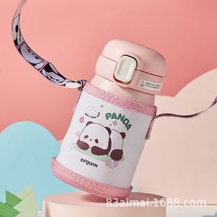Cute Panda 316 Stainless Steel Children's Thermos Cup with Cup Cover for Male and Female Students Portable Water Cup with Straw Cute