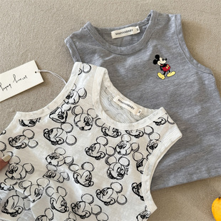 Children's Vest 2025 Summer New Men's and Women's Children's Wear Weaving Full Print Cartoon Sleeveless Clothes Baby's Crewneck Vest Trendy