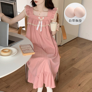 Super Factory Nightgown Women's Summer Knitted Cotton Belt Chest Pad Solid Color Cute Sweet Ins Style Sling Home