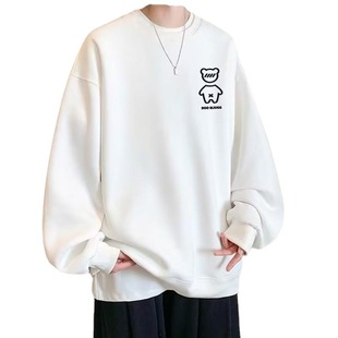 Hong Kong Style chic Simple Printed Crewneck Sweater Men's All-match Teenager Long-sleeved T-shirt Large Size Lazy Style Pullover