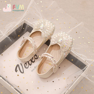 Girls Shoes Princess Crystal Shoes 2025 New Spring Children's Leather Shoes Baby Spring Soft Bottom Shiny Crystal