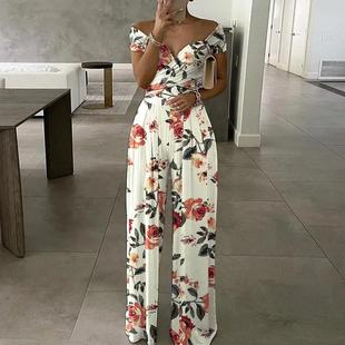 AliExpress cross-border European and American women's fashion off-shoulder print temperament commuter casual high waist jumpsuit women