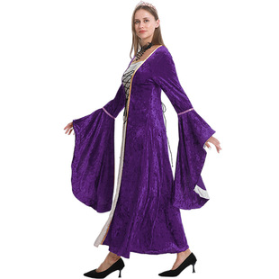 Foreign Trade European and American Women's Medieval Clothing Retro Court Long Dress Tie Waist Gold Diamond dress