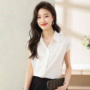 Design sense commuter simple sleeveless imitation silk shirt Women's 2023 Summer new V-neck pullover hanging down shirt wholesale