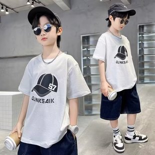 Boys' Milk Silk Printed T-Shirt Trendy Mid-Big Kids Round Neck Handsome All-Match Loose Short-Sleeved Children's Cartoon Top