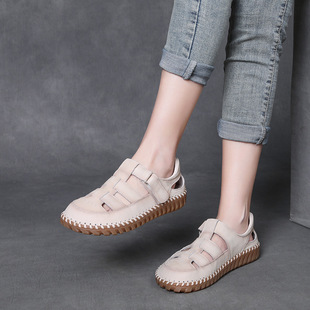 The first layer of leather handmade retro hollow sandals women's 2025 summer new comfortable thick-soled casual Roman sandals