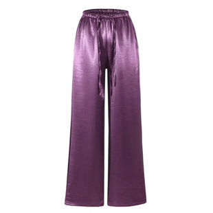 25 summer new casual solid color satin elastic waist drawstring straight pants ice silk drape loose wide leg pants