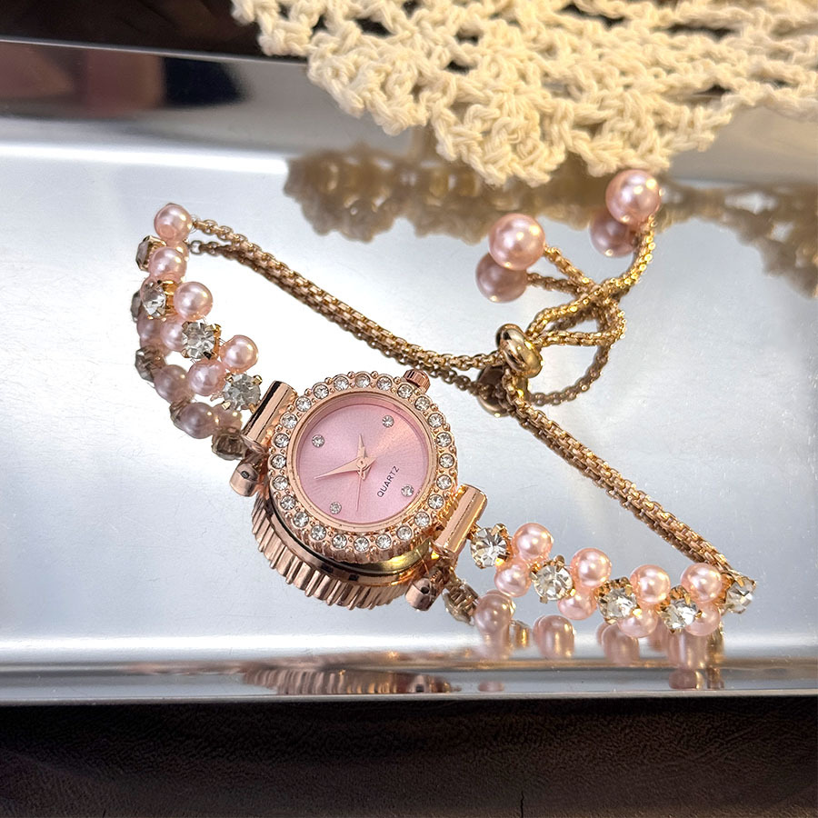 Cross-border hot-selling small pearl and diamond-encrusted pull-out women's exquisite quartz watch, fashionable niche sweet women's watch wristwatch