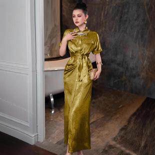 New Temperament plus size Women's High-end Lapel Satin Temperament Waist dress Fashion Temperament Women's Dress