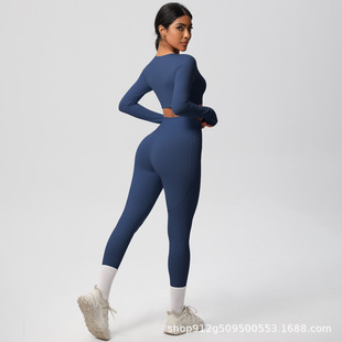 Cross-border Tight with Chest Pad Naked Long-sleeved Fitness Wear High Waist No Embarrassment Line Pocket Yoga Pants Yoga Wear suit