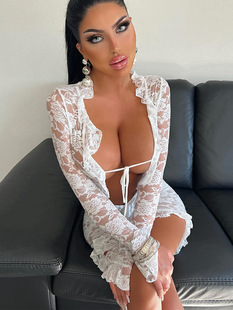 European and American style 2023 autumn cross-border hot sexy hot girl lace transparent deep V-neck slim-fit sheath dress wholesale