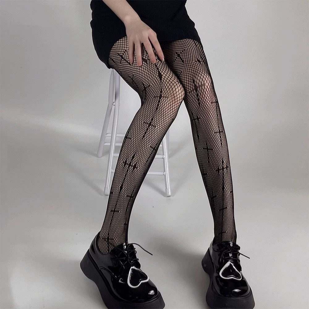 Cross Fine Mesh Black Stockings for Women, Cool and Sexy Gothic Fishnet Jk Dark Cut Out Slimming Look Pantyhose