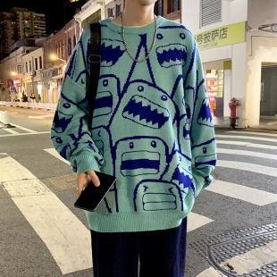 Sweater men's pullover Japanese cartoon Hong Kong style loose sweater coat winter new trendy sweater bottoming shirt