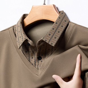 Spring new middle-aged men's fake two-piece polo shirt men's striped men's pullover lapel top long sleeve T-shirt men