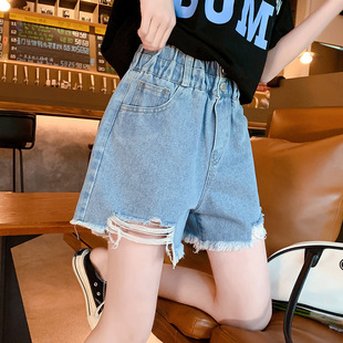 Girls' Denim Shorts Summer New Korean Style Children's Western Style Hole Labeling Denim Hot Pants Big Kids Shorts Trendy