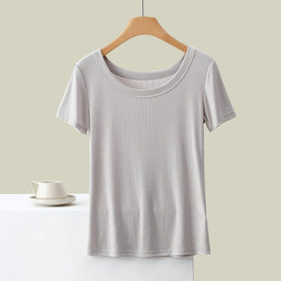 Large neckline solid color plus size u collar elastic thread short sleeve silver gray slim low collar half sleeve t-shirt women's white top