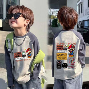 Children's Spring and Autumn New Cotton Long-sleeved T-shirt Contrast Color Middle and Big Children's Cartoon Handsome Stitching Casual All-match Top