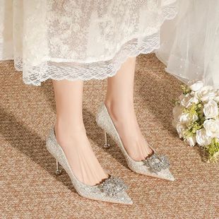 French stiletto heel bridal wedding shoes women's 2023 silver wedding dress main wedding dress Xiuhe two-way crystal shoes high heels