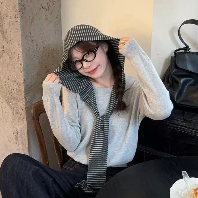 Spring and Autumn Striped Air-Conditioned Room Neck Protection Shawl Women's Hooded Outer Knotted Shoulder Protection Vest Summer Scarf
