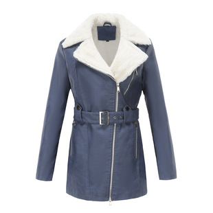23 autumn and winter New long sleeve plus velvet leather women's lapel double zipper belt belt warm coat Europe and America Amazon