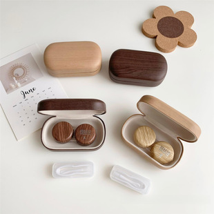 Ins Vintage Leather Wood Grain Contact Lens Case Simple Solid Color Leak-proof Storage Contact Lens Lacquered Glossing Accompaniment Box