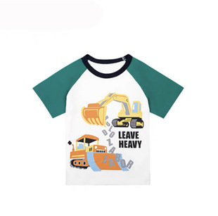 Qianqu Children's Wear Summer Pure Cotton Children's Motorcycle Short Sleeve Thin Cute Baby Cartoon Engineering Car Half Sleeve for Boys and Girls