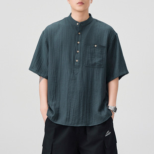 T234 Japanese Style Retro Collar Cotton and Linen Short-sleeved Shirt Men's American Style Fashion Linen Middle-sleeved Shirt Loose Price-controlled 118