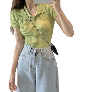 Summer V-neck short-sleeved T-shirt women's polo ice silk sweater 2024 slim high waist short chic Hong Kong style top