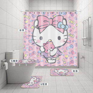 Cross-border hot selling factory direct kity cat digital printing polyester waterproof mildew-proof shower curtain four-piece bathroom curtain
