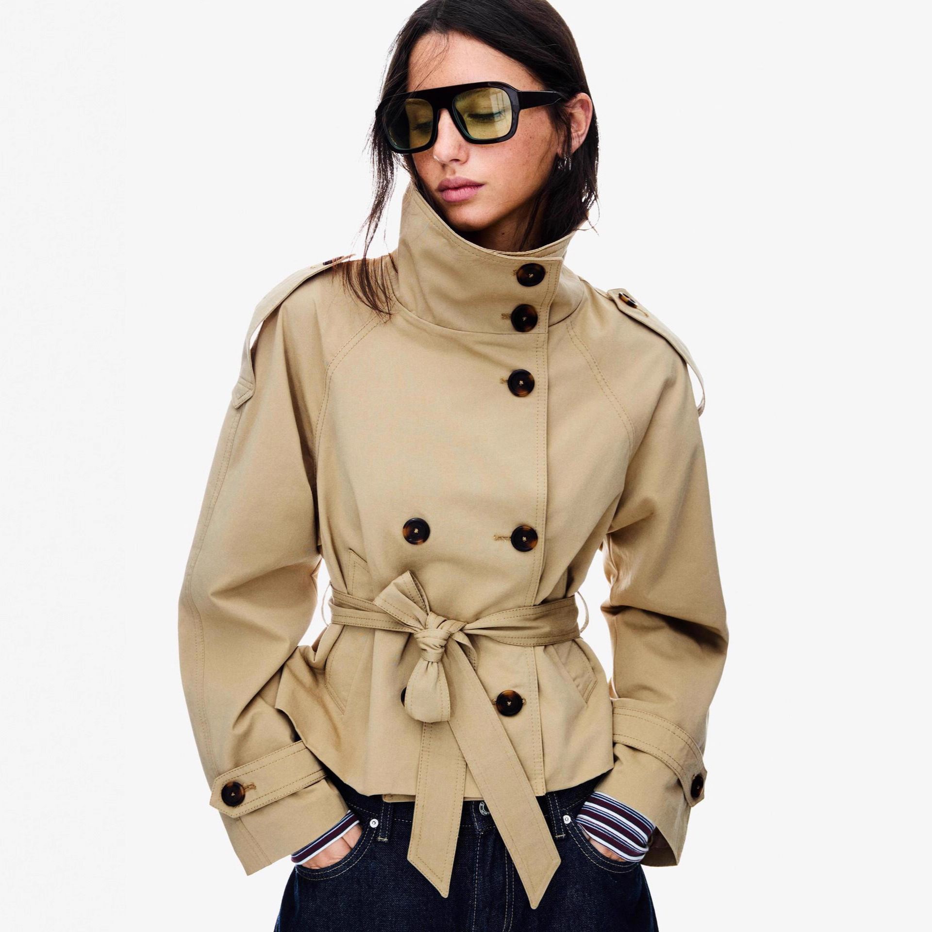 Cross-Border Women's Clothing Manufacturer 2025 New Fashion Casual Double-Breasted Belted Trench Coat Short Jacket