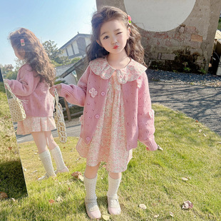 2024 Spring and Autumn New girls' floral dress suit children's knitted cardigan sweater baby girls' two-piece set