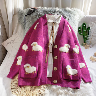 Cross-Border Export Sweater for Women in Autumn and Winter, Contrasting Color, Versatile Pocket Style, Cartoon Sheep Wool Sweater Jacket, Loose and Lazy for Women